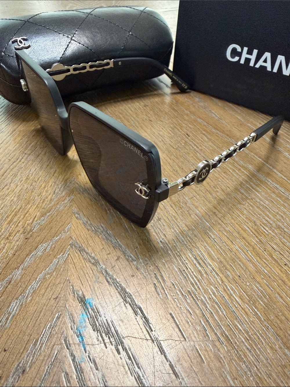CHANEL Black & Silver Oversized Square Sunglasses with CC Logo - Picture 6 of 10